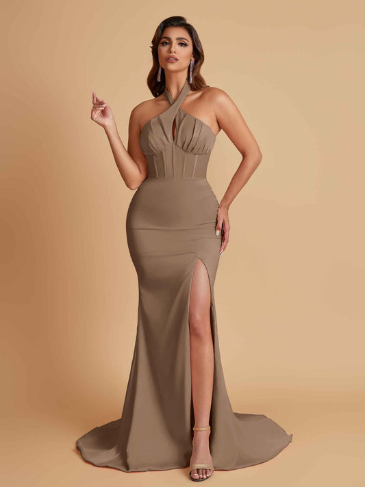 Elegant Soft Satin Mermaid Halter Side Slit Floor-Length Bridesmaid Dresses Online