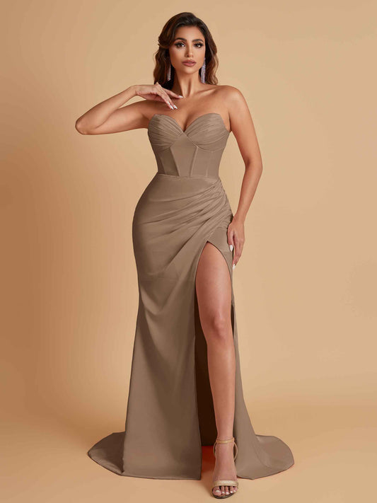 Elegant Soft Satin Mermaid V-neck Side Slit Floor-Length Bridesmaid Dresses Online