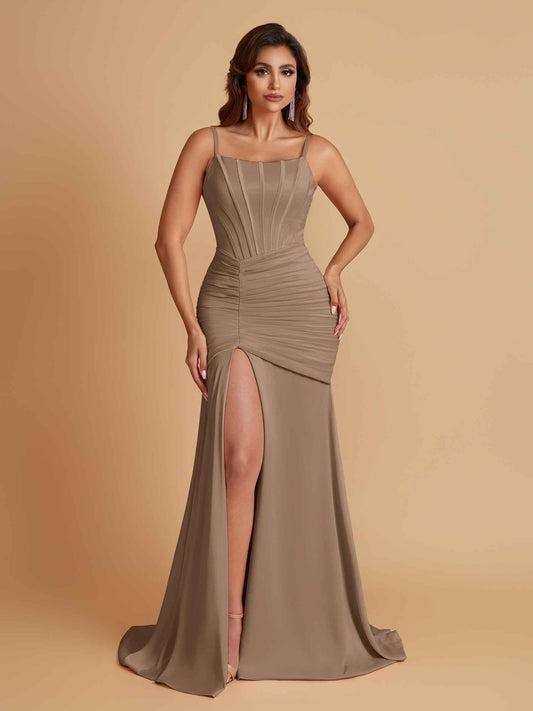 Sexy Soft Satin Mermaid Spaghetti Straps Side Slit Floor-Length Bridesmaid Dresses