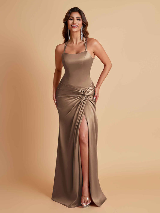 Gorgeous Square Criss Cross Soft Satin Side Slit Floor-Length Mermaid Bridesmaid Dresses