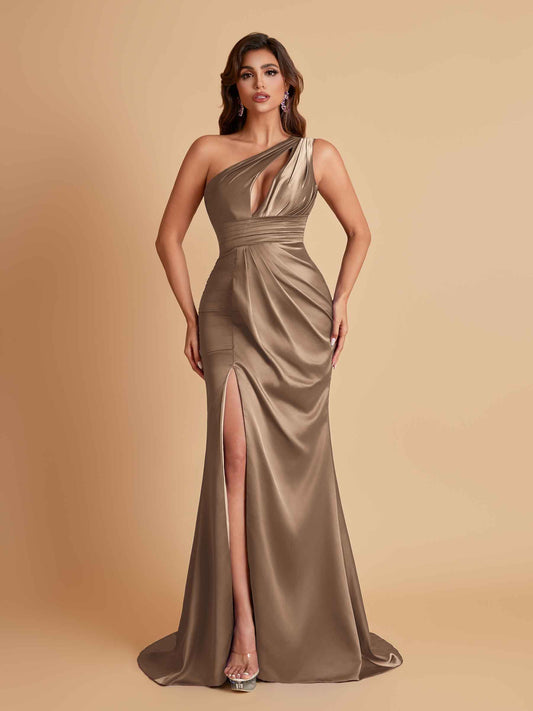 Sexy One Shoulder Soft Satin Side Slit Floor-Length Mermaid Bridesmaid Dresses