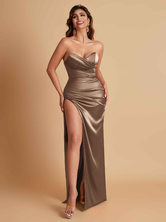 Soft Satin Elegant V-neck Strapless Split Side Mermaid Bridesmaid Dresses