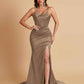 Sexy Spaghetti Straps V Neck Soft Satin Side Slit Floor-Length Mermaid Bridesmaid Dresses