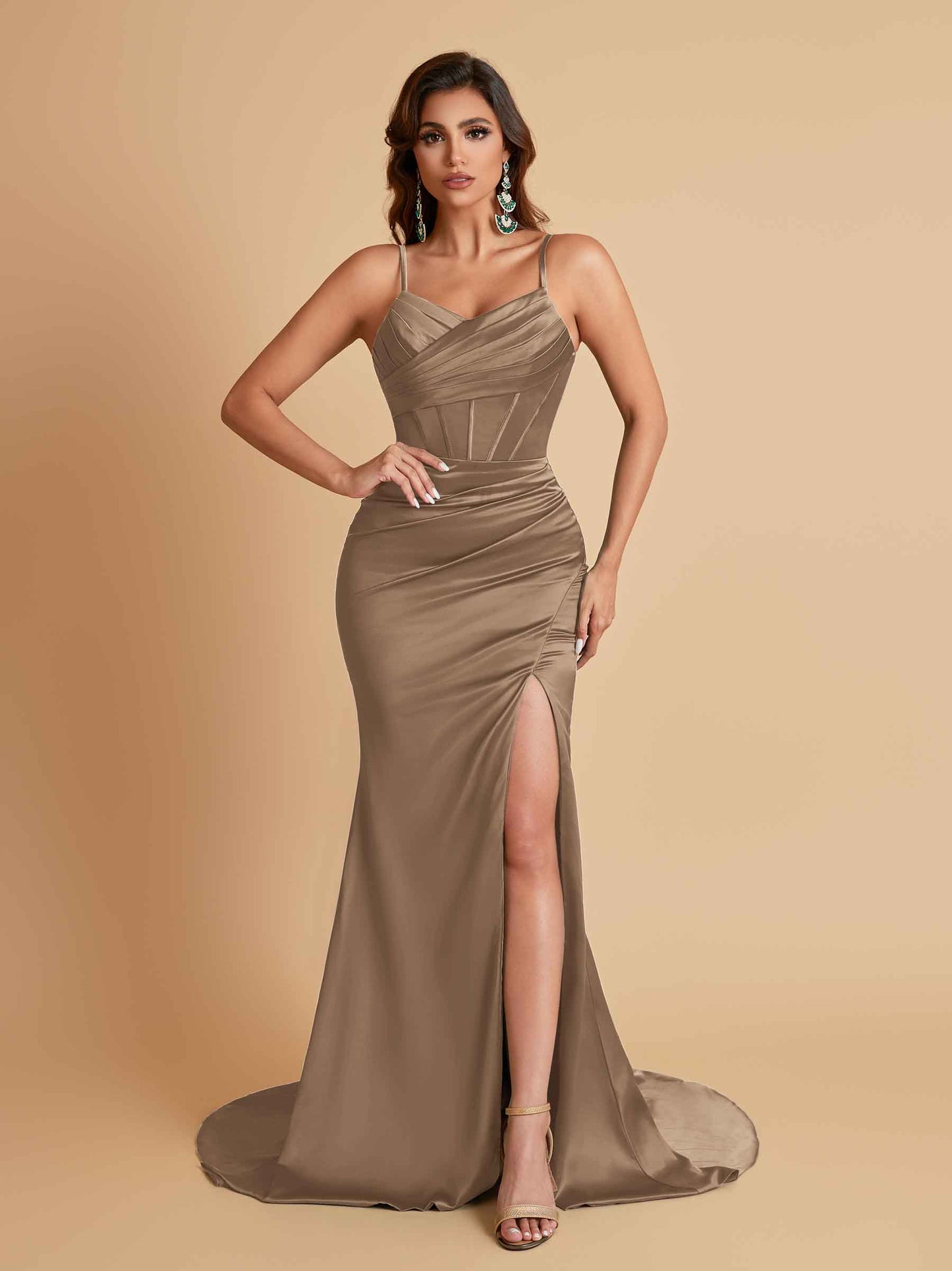 Sexy Spaghetti Straps V Neck Soft Satin Side Slit Floor-Length Mermaid Bridesmaid Dresses