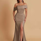 Elegant Soft Satin Mermaid Off Shoulder Asymmetrical Side Slit Floor-Length Bridesmaid Dresses
