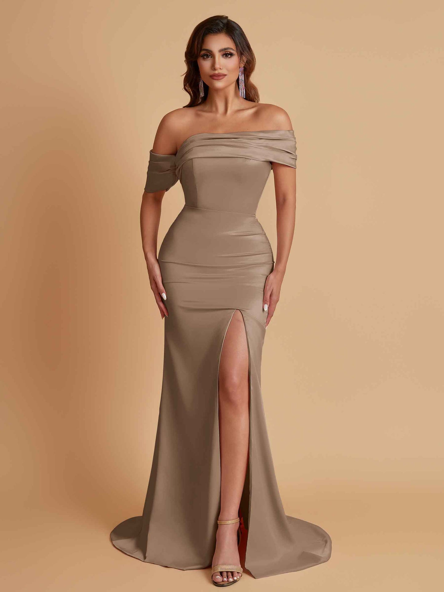 Elegant Soft Satin Mermaid Off Shoulder Asymmetrical Side Slit Floor-Length Bridesmaid Dresses