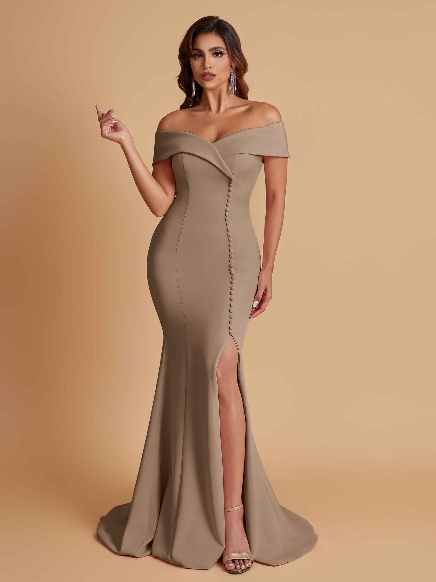 Elegant Soft Satin Mermaid Off Shoulder Side Slit Floor-Length Bridesmaid Dresses