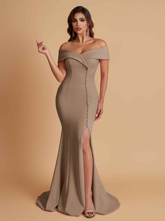 Elegant Soft Satin Mermaid Off Shoulder Side Slit Floor-Length Bridesmaid Dresses