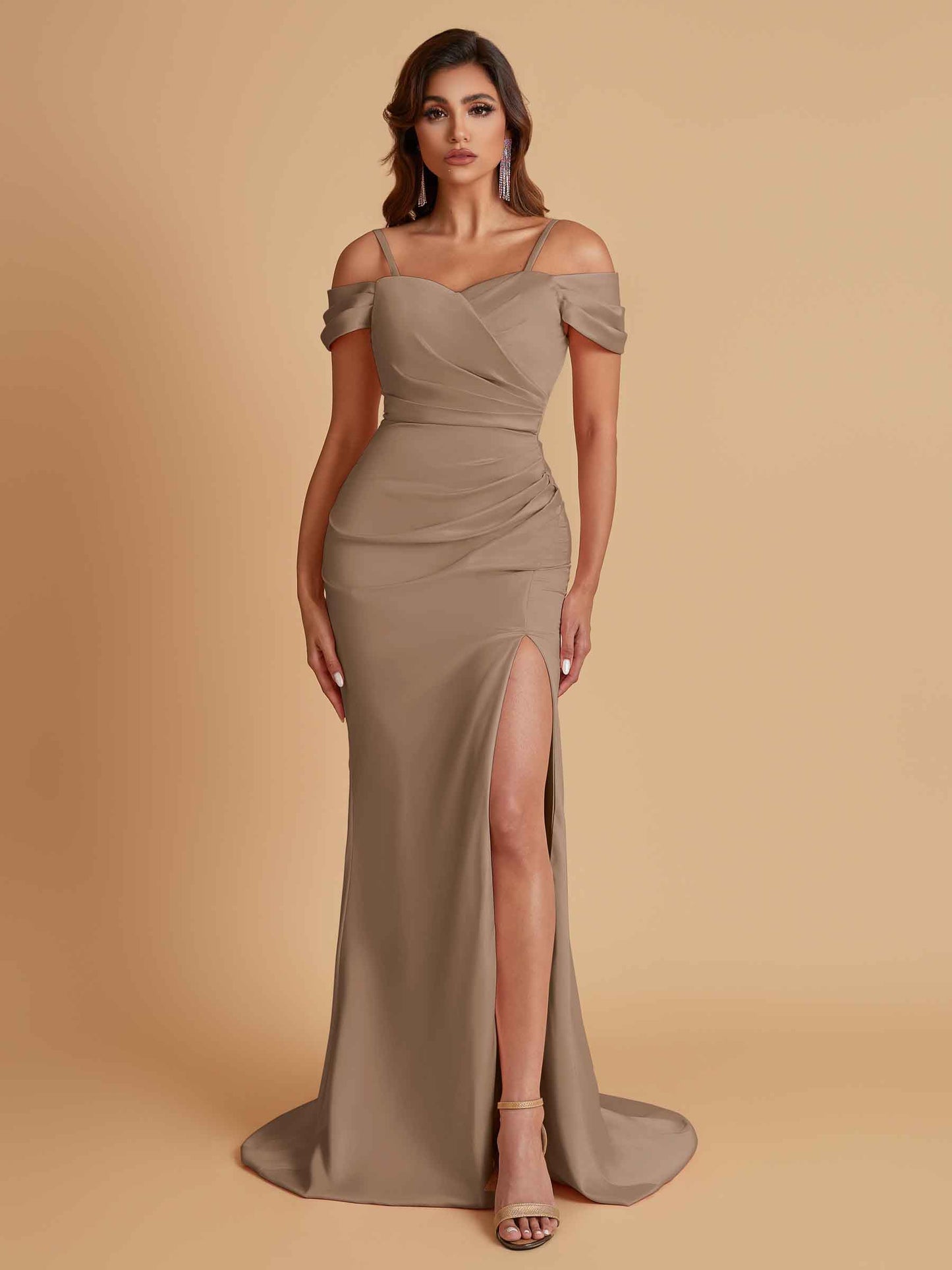 Sexy Soft Satin Mermaid Cold Shoulder Side Slit Floor-Length Bridesmaid Dresses Online