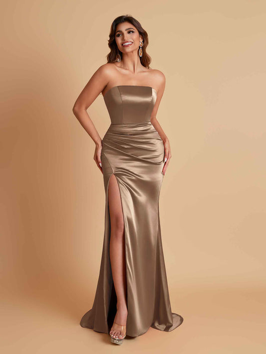 Elegant Soft Satin Strapless Split Side Mermaid Bridesmaid Dresses