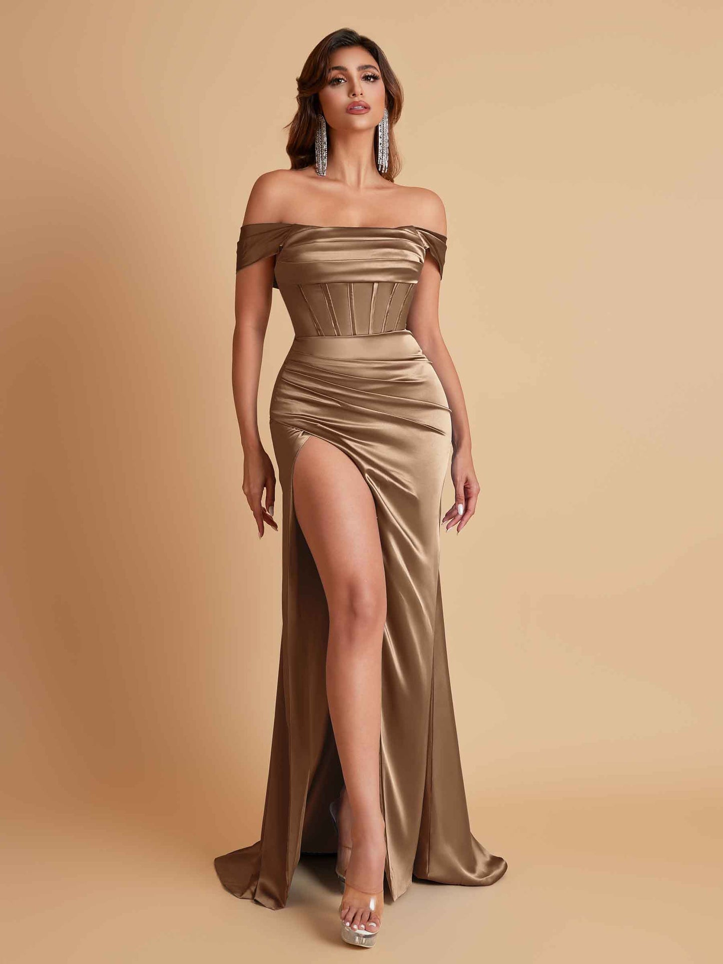 Sexy Off the Shoulder Soft Satin Side Slit Floor-Length Mermaid Bridesmaid Dresses