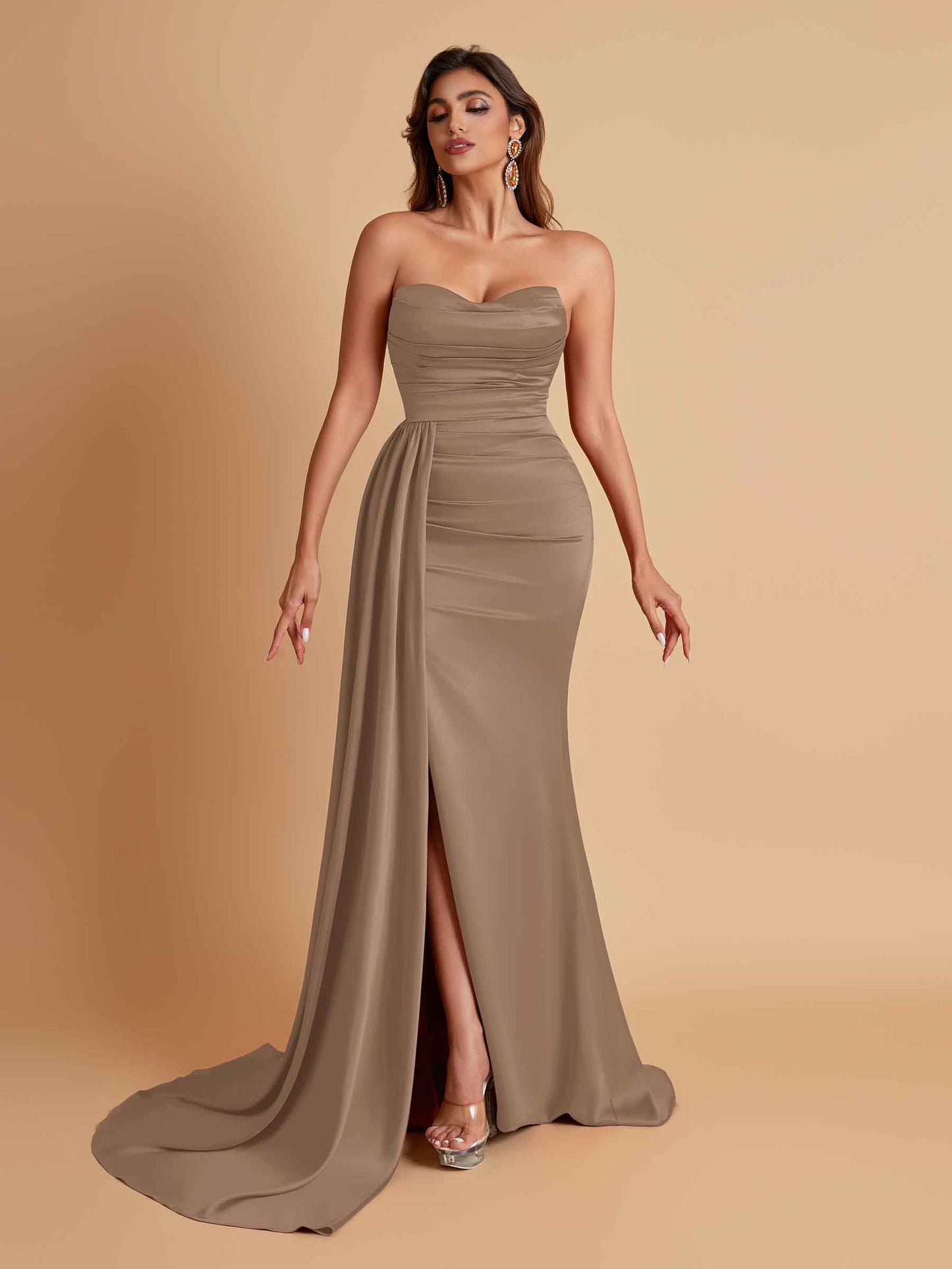 Elegant Soft Satin Sweetheart Strapless Side-Slit Mermaid Bridesmaid Dresses
