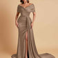 Elegant Soft Satin V-neck Off-the-Shoulder Side-Slit Mermaid Bridesmaid Dresses