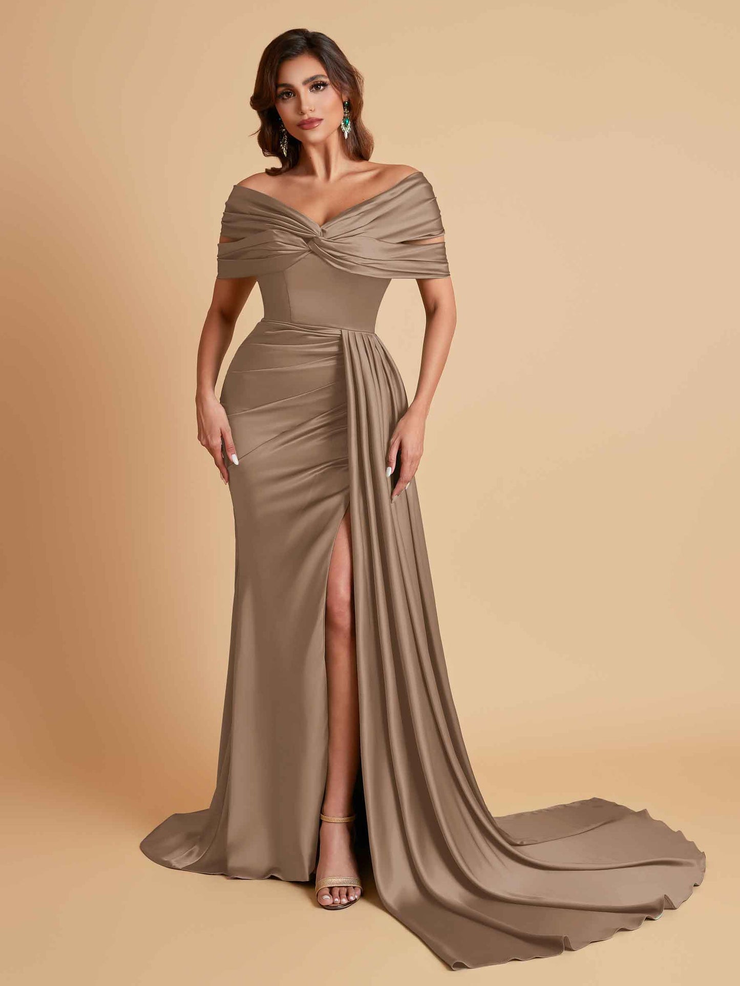 Elegant Soft Satin V-neck Off-the-Shoulder Side-Slit Mermaid Bridesmaid Dresses