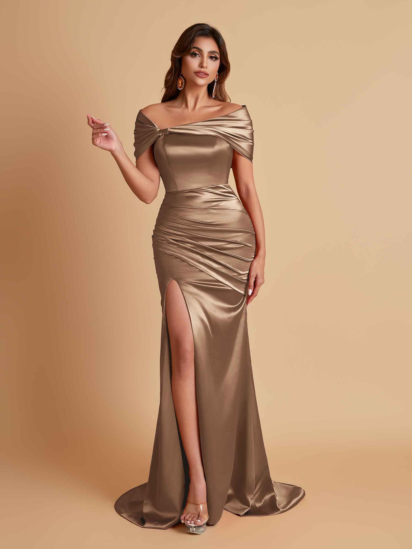Elegant Soft Satin Off-the-shoulder Side-Slit Mermaid Bridesmaid Dresses