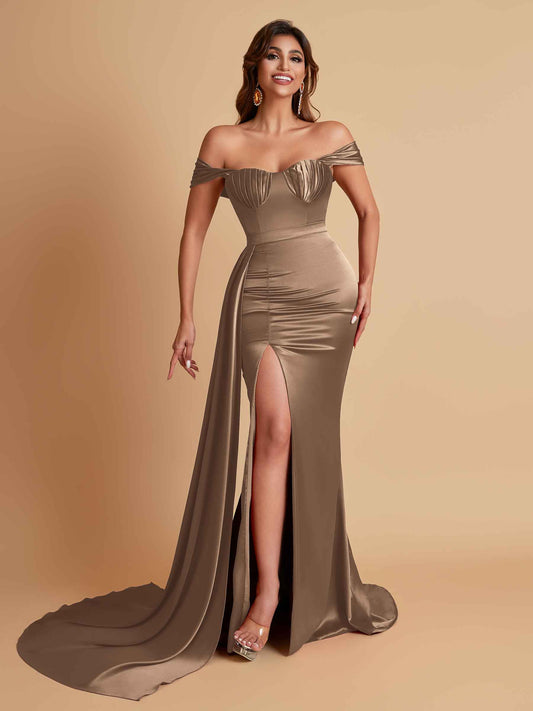 Sexy Soft Satin Sweetheart Off-the-shoulder Strapless Side-Slit Mermaid Bridesmaid Dresses