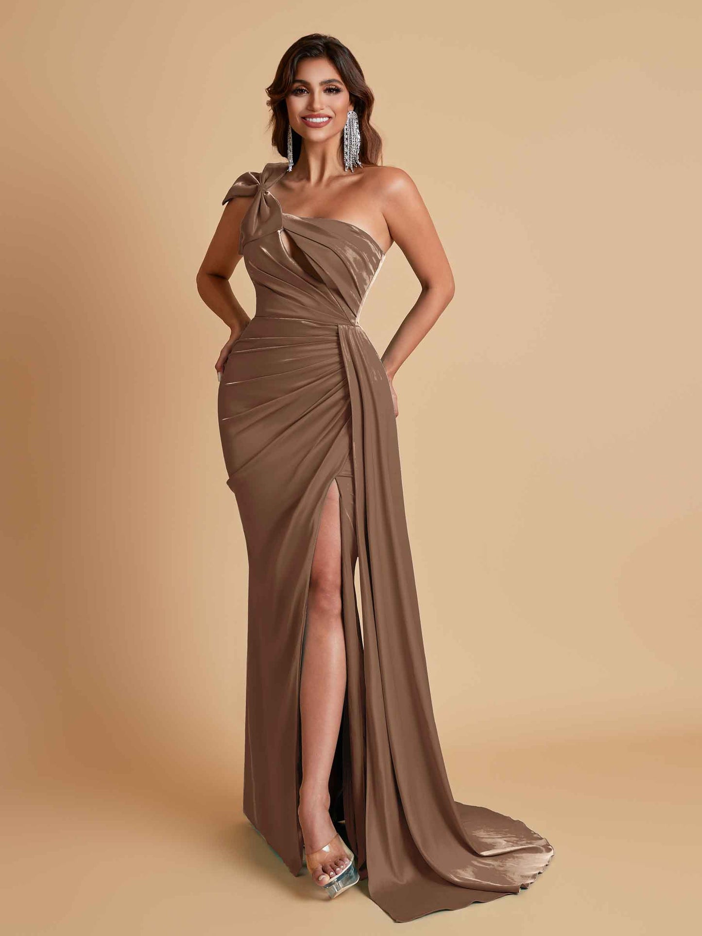 Gorgeous One Shoulder Bow Knot Soft Satin Side Slit Floor-Length Mermaid Bridesmaid Dresses