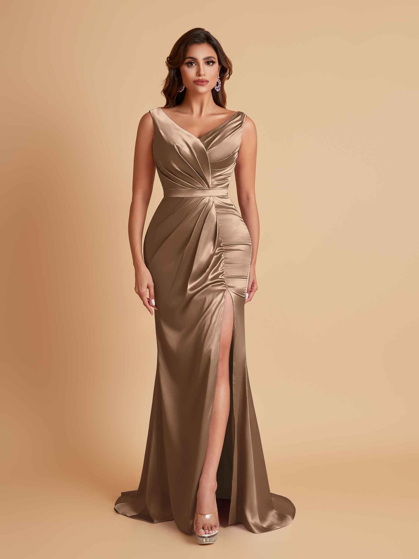 Elegant V Neck Soft Satin Side Slit Floor-Length Mermaid Bridesmaid Dresses