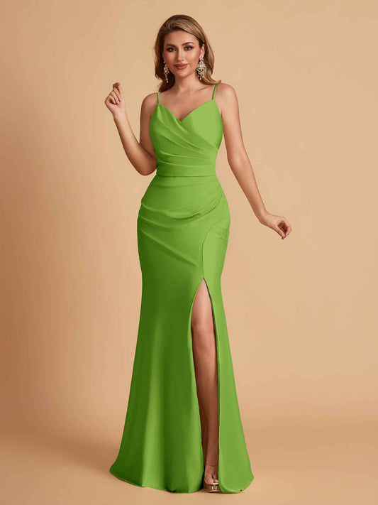 Elegant Satin Spaghetti Straps Mermaid Side Slit Floor Length Bridesmaid Dresses
