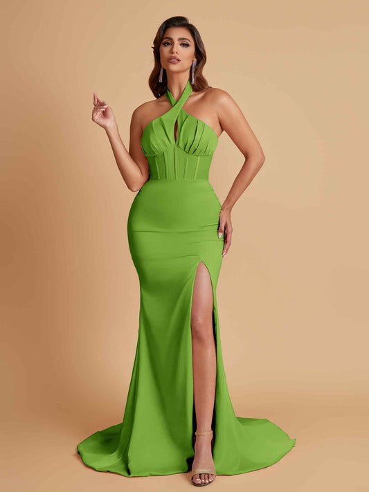 Elegant Soft Satin Mermaid Halter Side Slit Floor-Length Bridesmaid Dresses Online