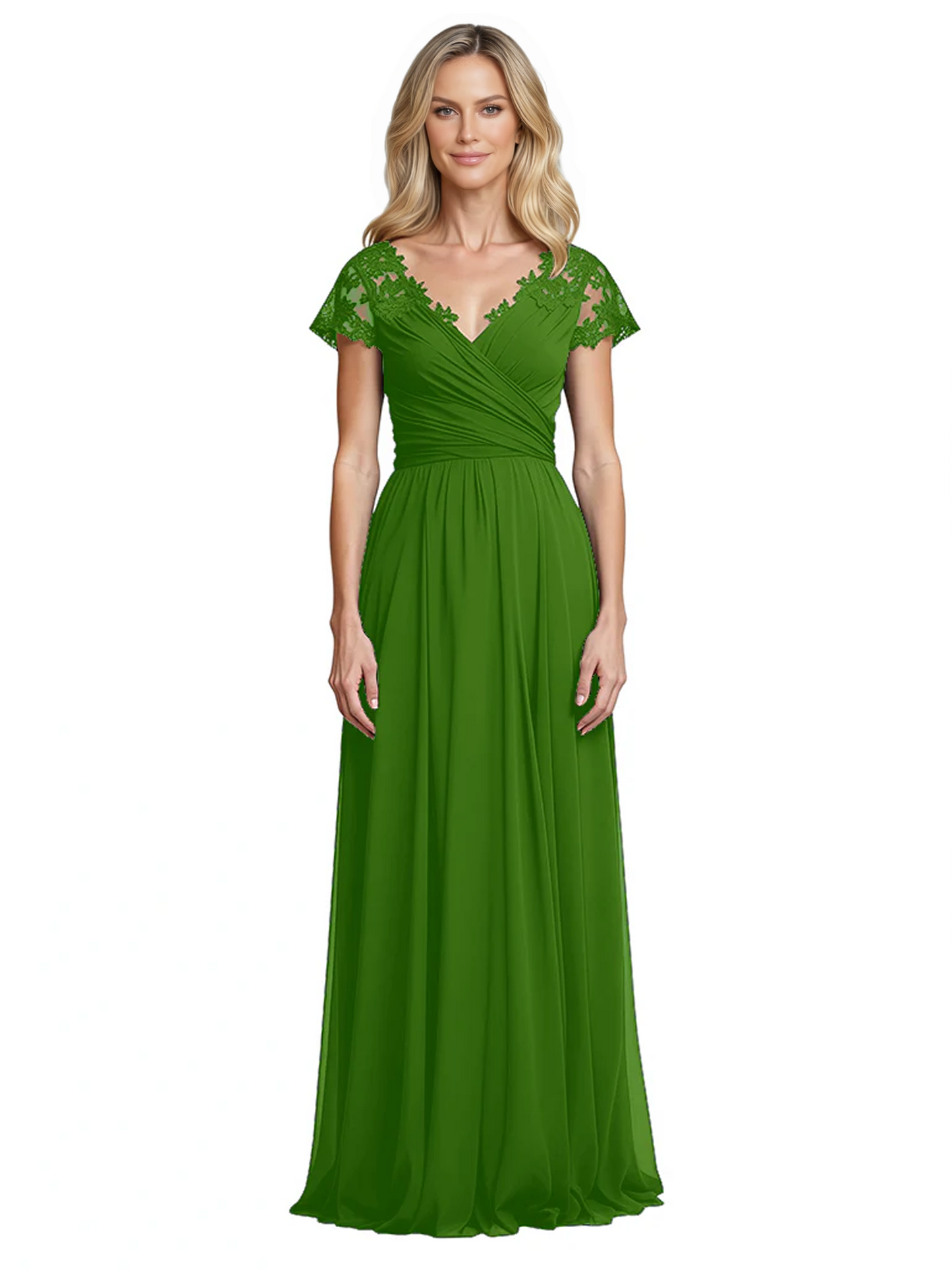 Mother of the Bride Dress Cap Sleeves and V-Neckline with Embroidered Lace Shoulders