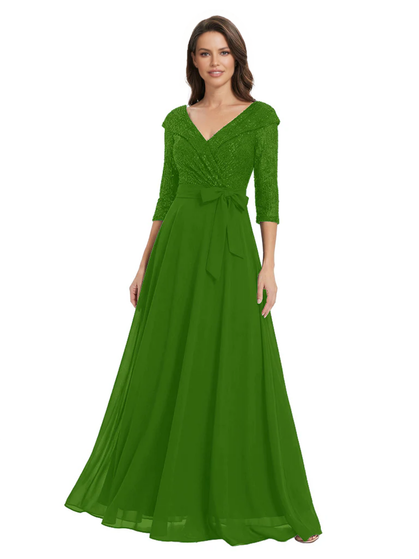 Chiffon Mother of the Bride Dress with Sequin V-Neck and Elegant Bow Sash