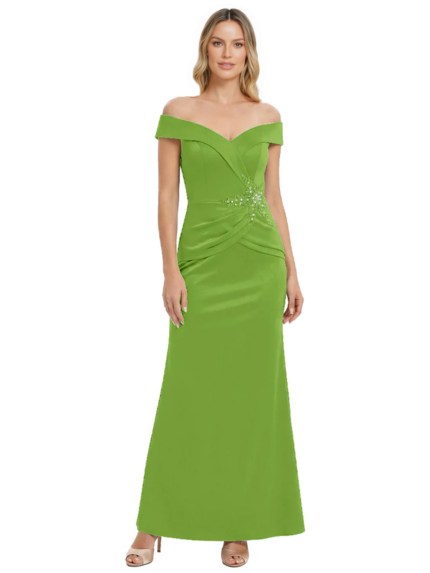 Off Shoulder Mother of the Bride Dress Beaded Waist Satin Gown Portrait Neckline