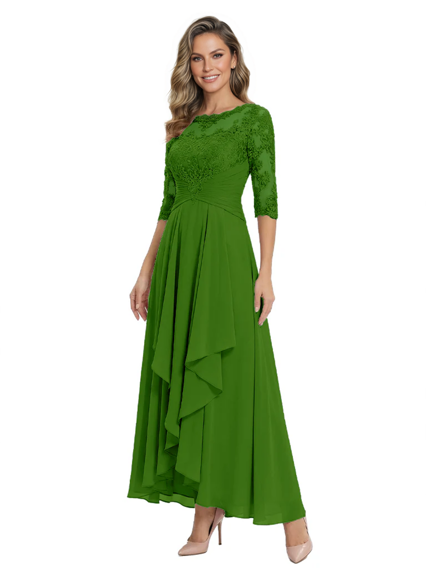 3/4 Sleeve Mother of the Bride Dress with Lace Embroidery High-Low Hem 2026