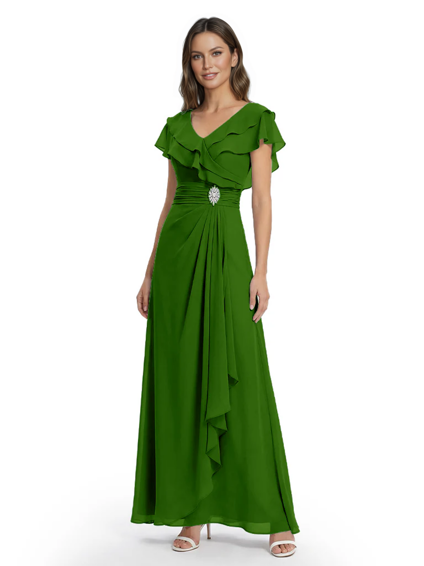 Elegant Mother of the Groom Dress Cascading Ruffle Chiffon Formal Gown Rhinestone