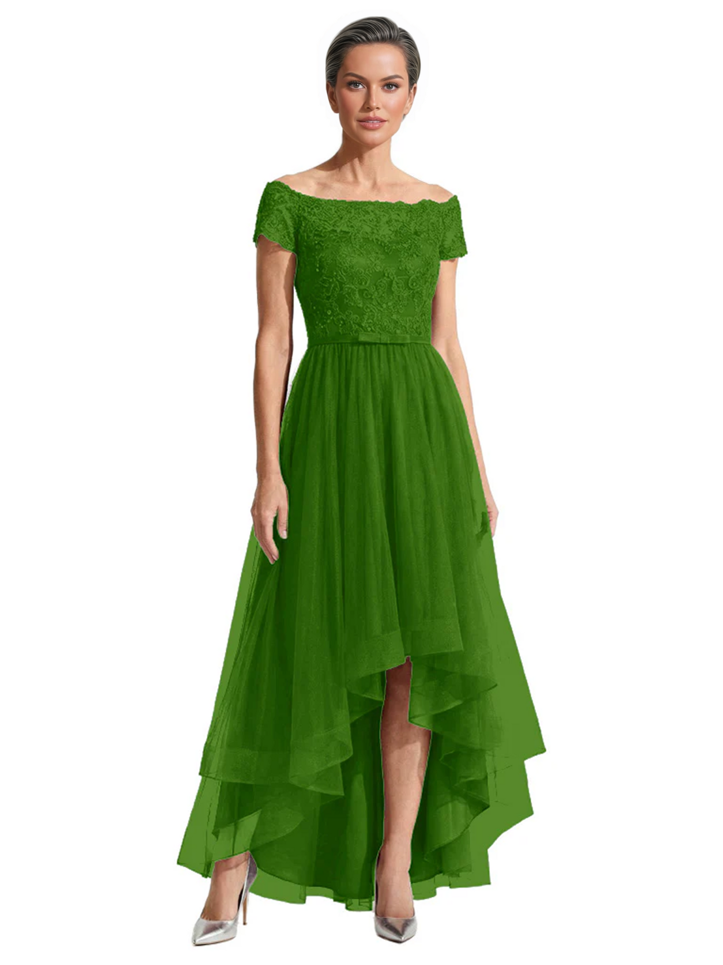 Formal High-Low Mother of the Bride Gown Short Sleeve Lace Maxi Dress with Tiered Skirt