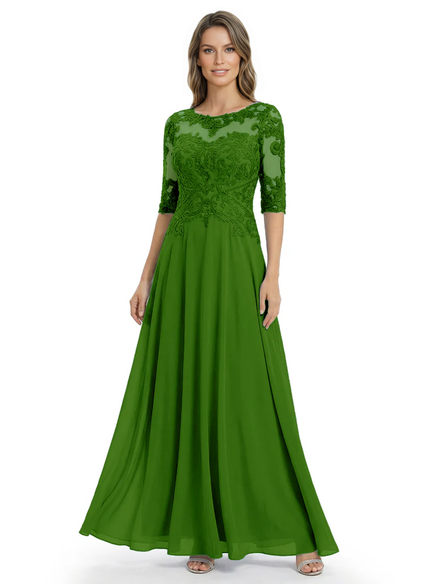 Illusion Neck Mother of the Bride Dress Half Sleeve Lace Applique Gowns Chiffon