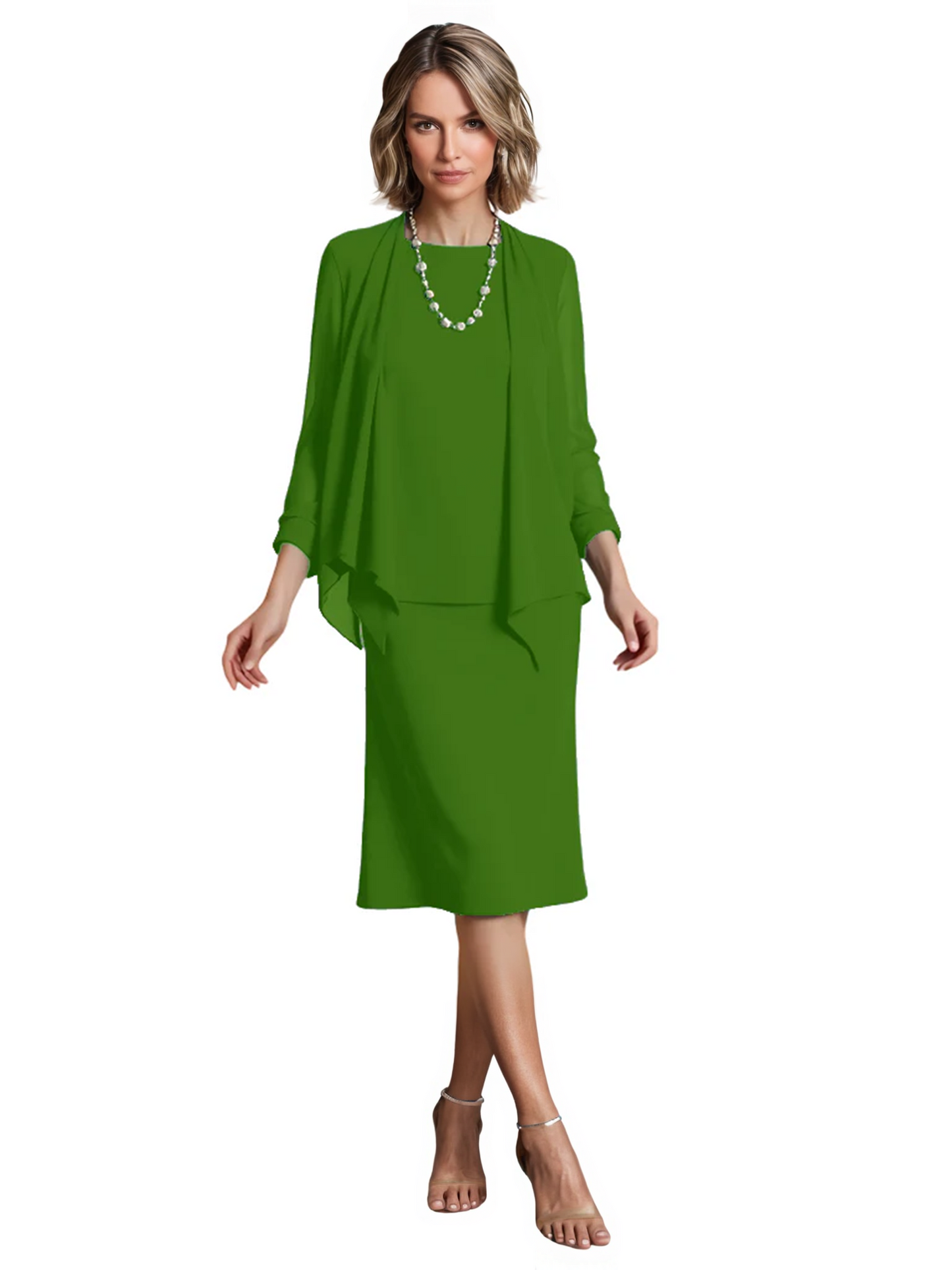3 PCS Knee-Length Mother of Bride Dresses Prom Dress Evening Dress with Sheer Sleeves and Jacket