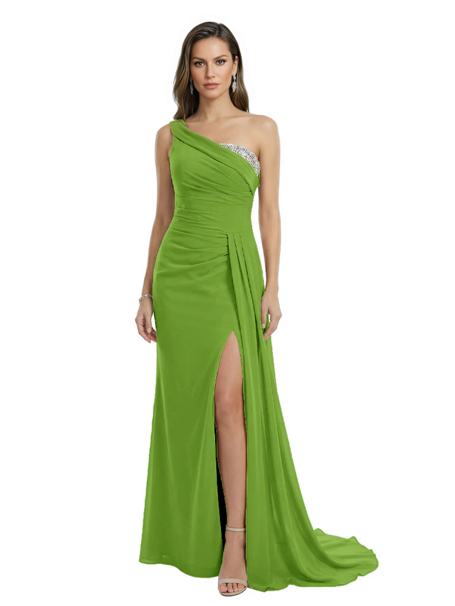 One Shoulder Mother of Bride Dress Ruffle Formal Gowns Mermaid Floor Length Train Slit