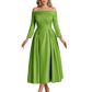 Off Shoulder Mother of the Bride Dress Tea-Length Satin Gown with Lace Applique