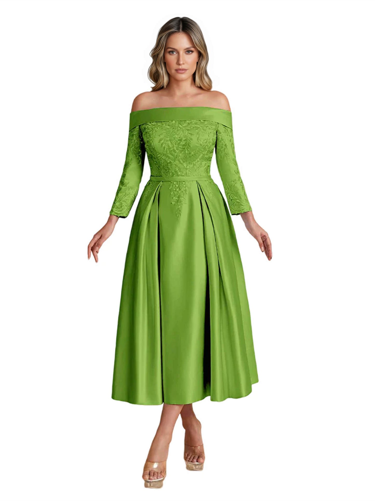 Off Shoulder Mother of the Bride Dress Tea-Length Satin Gown with Lace Applique