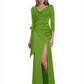 Elegant Evening Gowns Slit Trending Styles Satin Slit Formal Dress Cowl Neckline Gown Tie