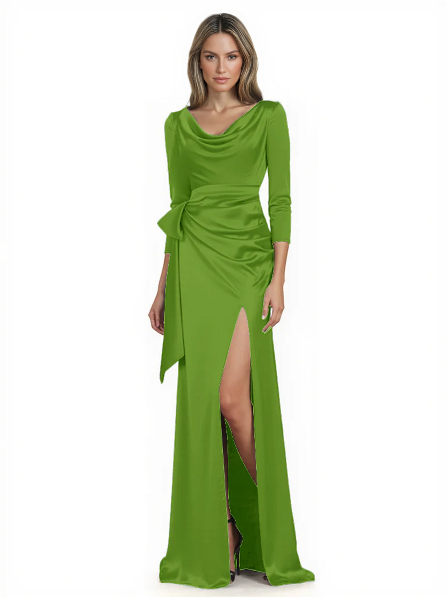 Elegant Evening Gowns Slit Trending Styles Satin Slit Formal Dress Cowl Neckline Gown Tie