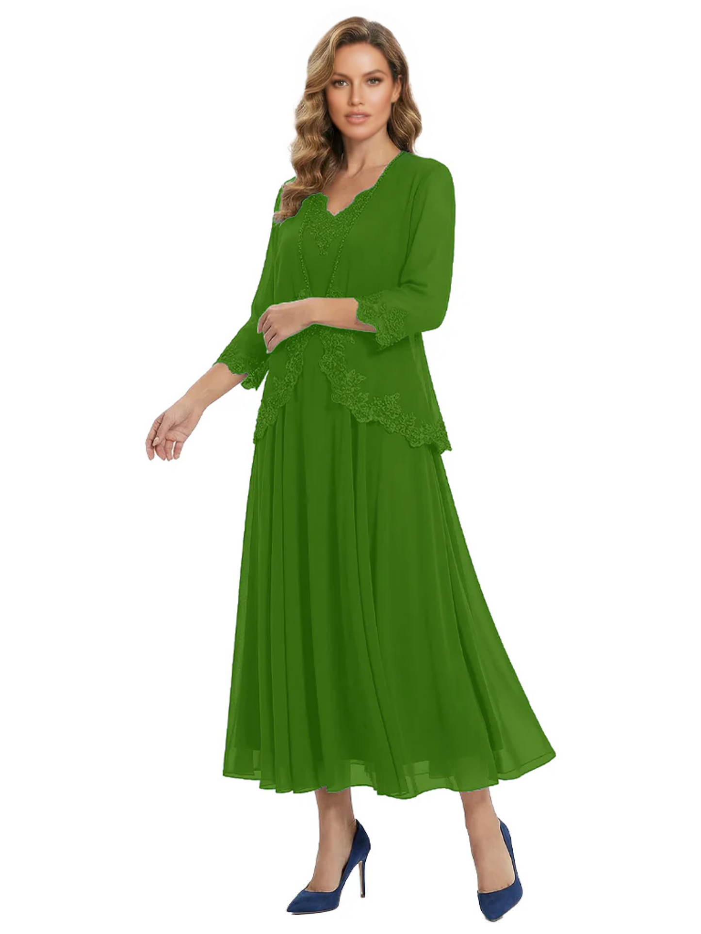 3/4 Sleeve Chiffon Mother of the Brides Dresses V-Neck Wedding Party Gowns