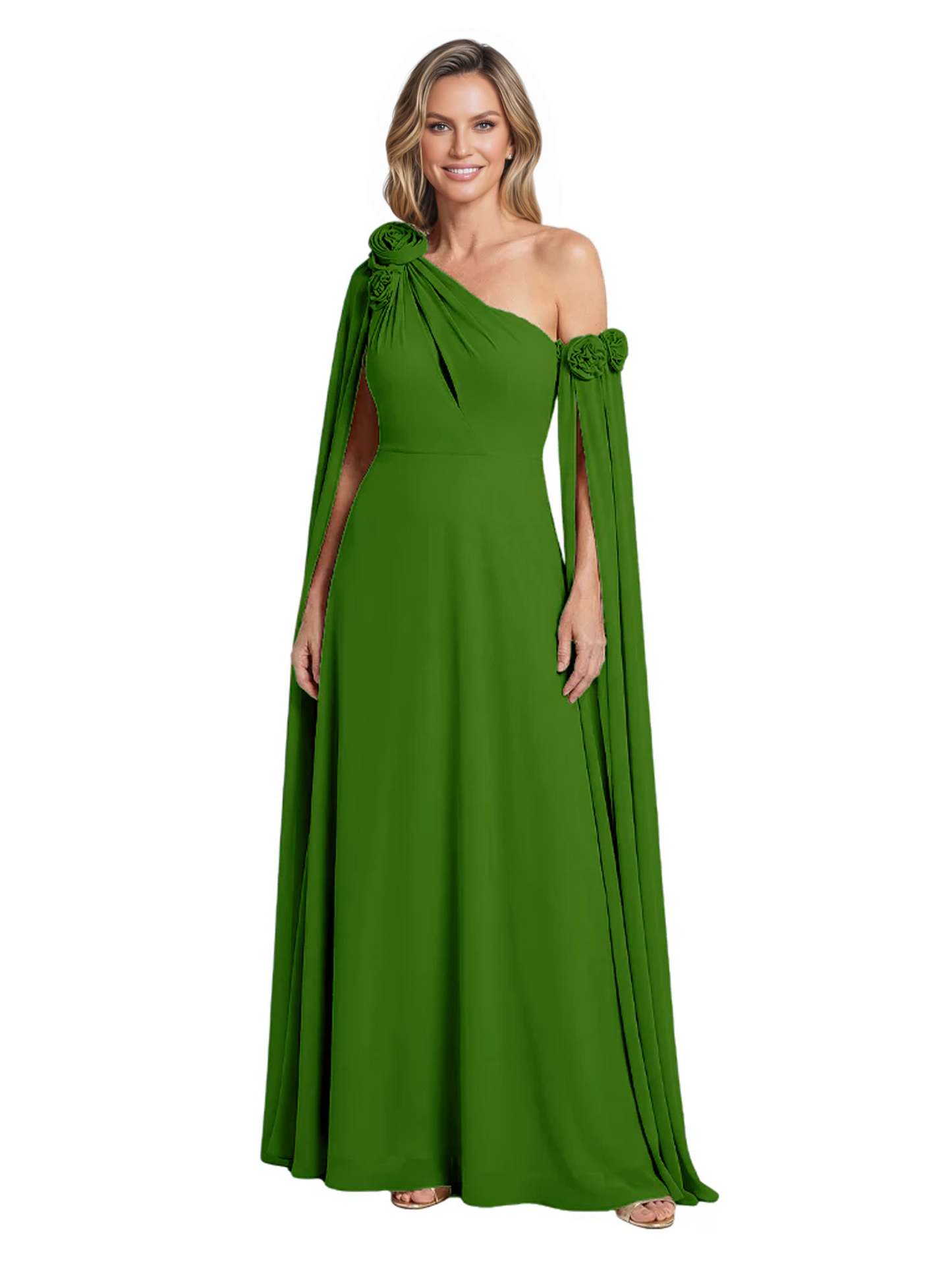 One Shoulder Mother of the Bride Dress Asymmetrical Cape Sleeve Gown with Floral