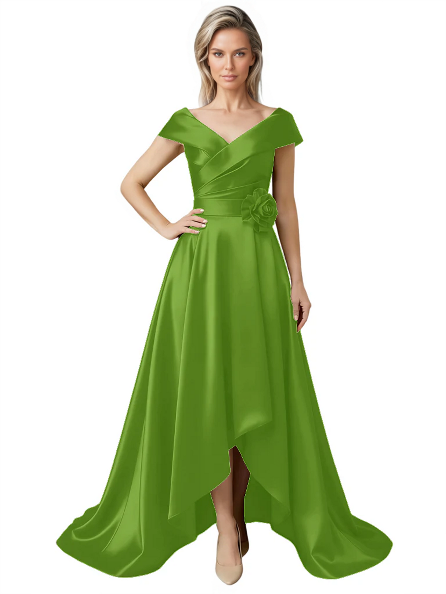 Off Shoulder Mother of the Bride Dress High-Low Satin Gown with Portrait Neckline