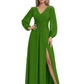 A-Line Mother of Bride Dress V-Neck Chiffon Gown Long Sleeves Slit Formal Dress