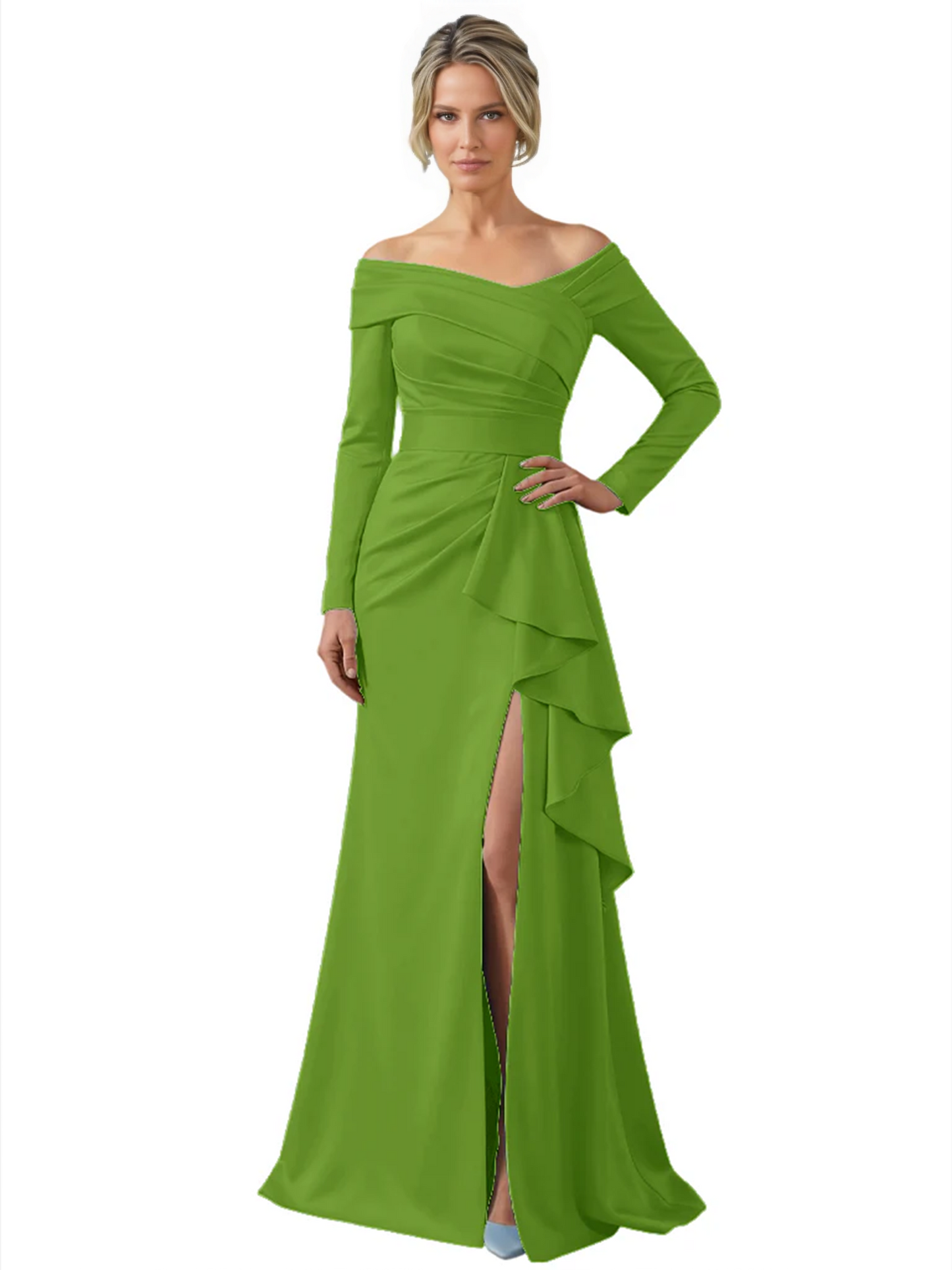 Elegant Mother of the Groom Dress Cascading Ruffle Satin Gown with High Slit Long Sleeves