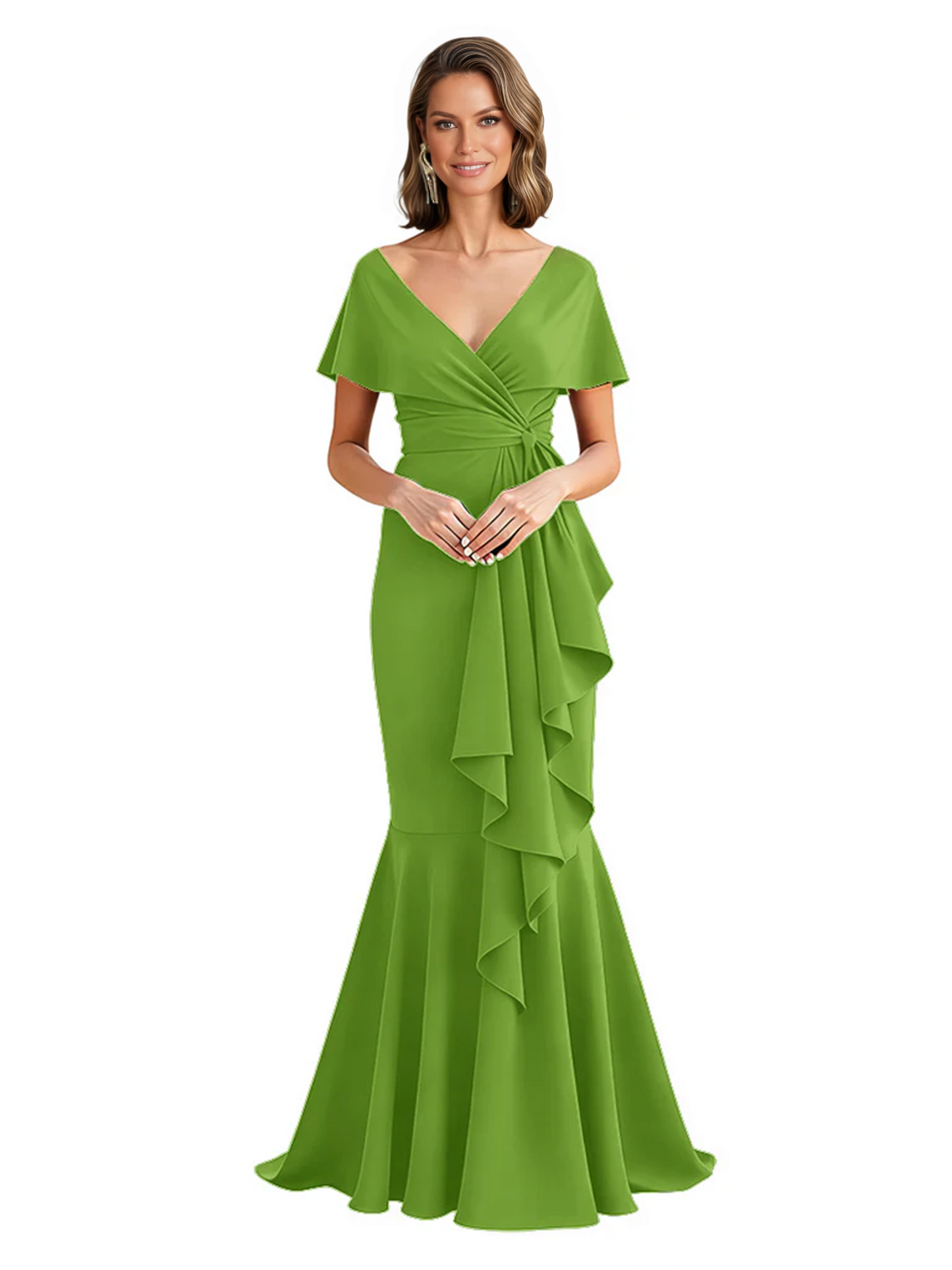 Satin Mother of the Bride Dress with Cascading Ruffles and Mermaid Tail V-Neck