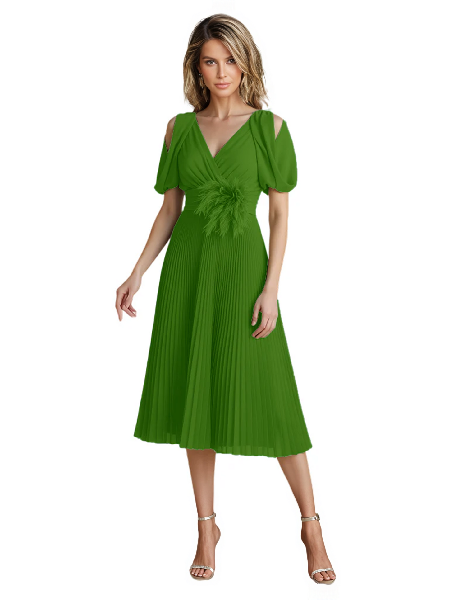Wedding Formal Dress V-Neck Pleated Chiffon Gown with 3D Flower Accent Knee Length