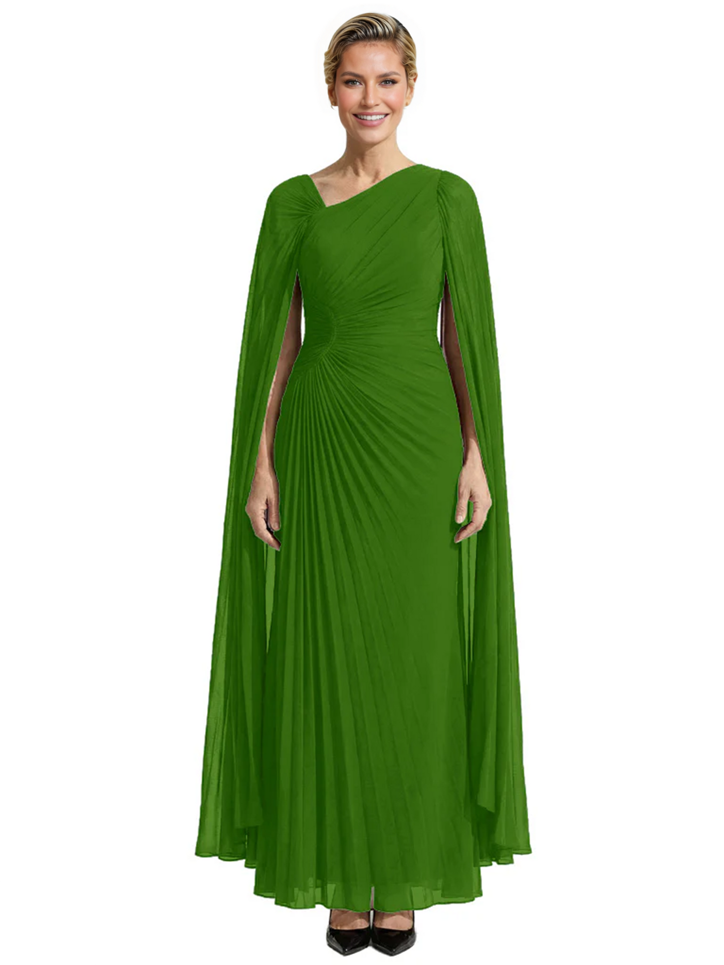 Elegant Asymmetric Neck Long A-Line Chiffon Mother of the Brides Dresses Mom Outfit with Cape