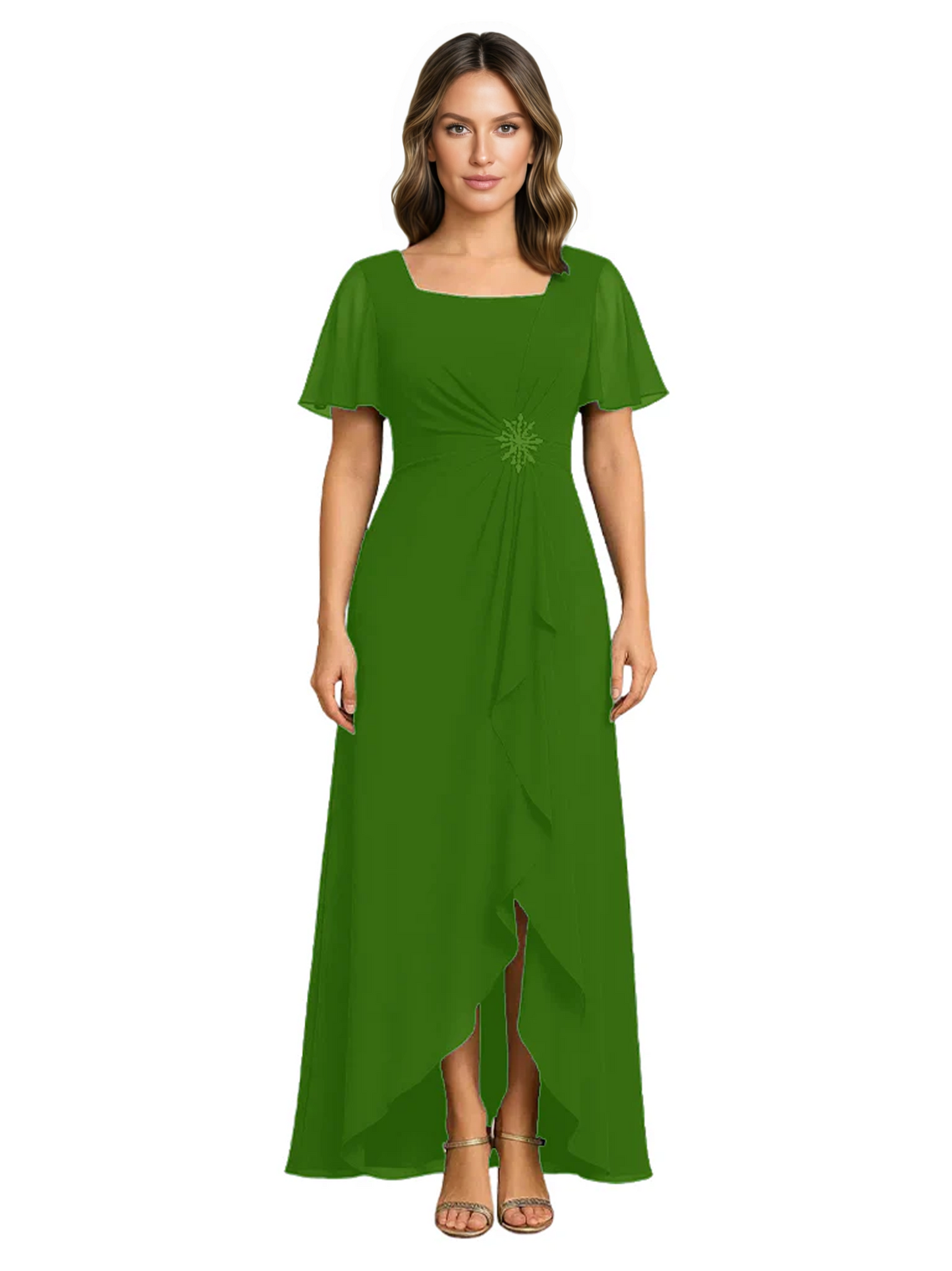 Formal High-Low Mother of the Bride Gown Sleeved Chiffon Maxi Dress Ruched Waist