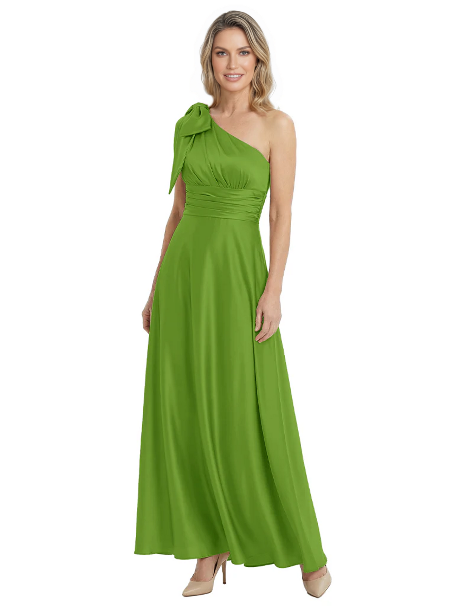 One-Shoulder Mother of the Bride Dress Satin Gown with Bow Ruched Empire Waist