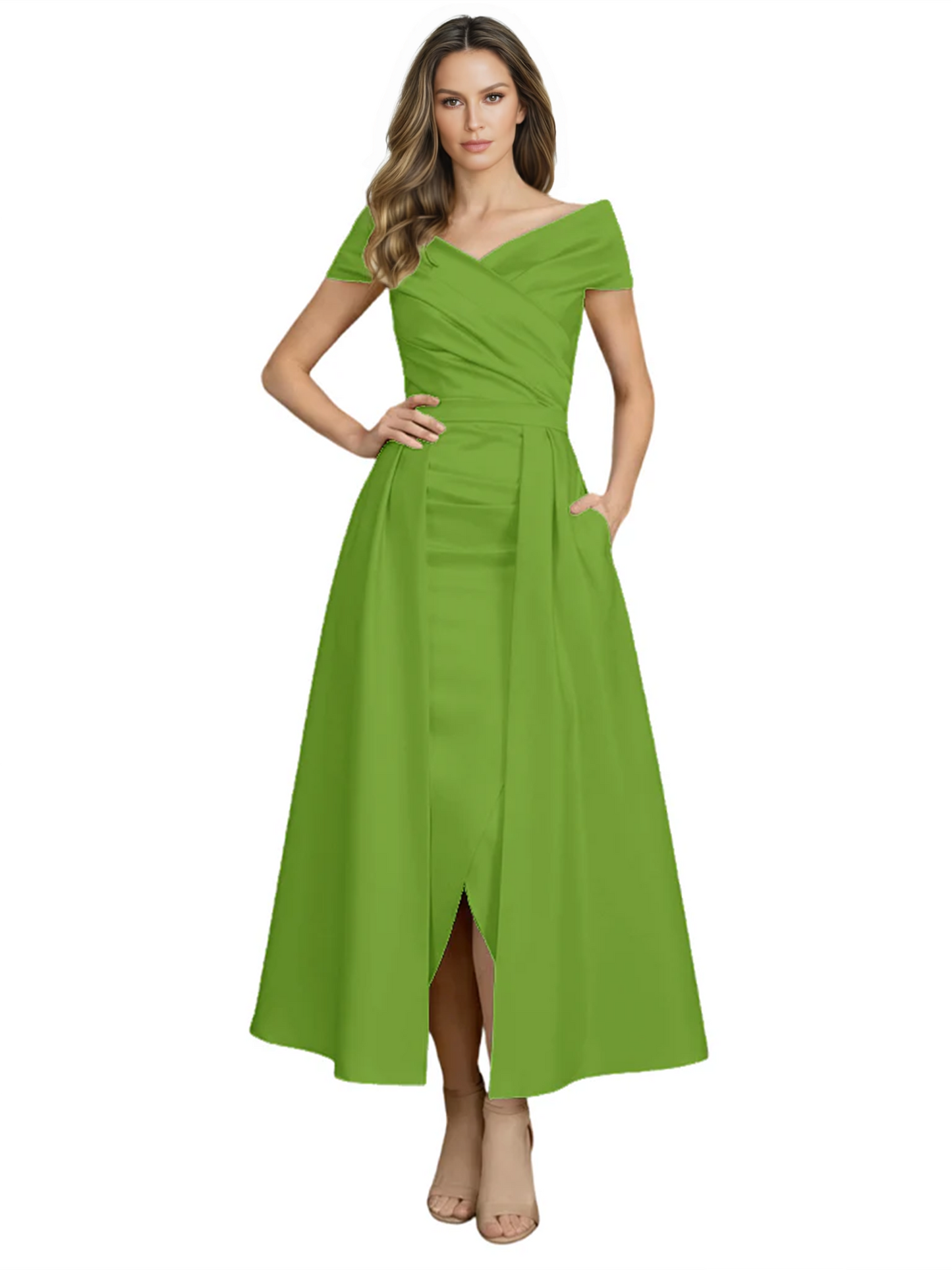 Formal Floor-Length Mother of the Bride Gown Satin Maxi Dress with Slit Off Shoulder