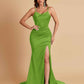 Sexy Spaghetti Straps V Neck Soft Satin Side Slit Floor-Length Mermaid Bridesmaid Dresses