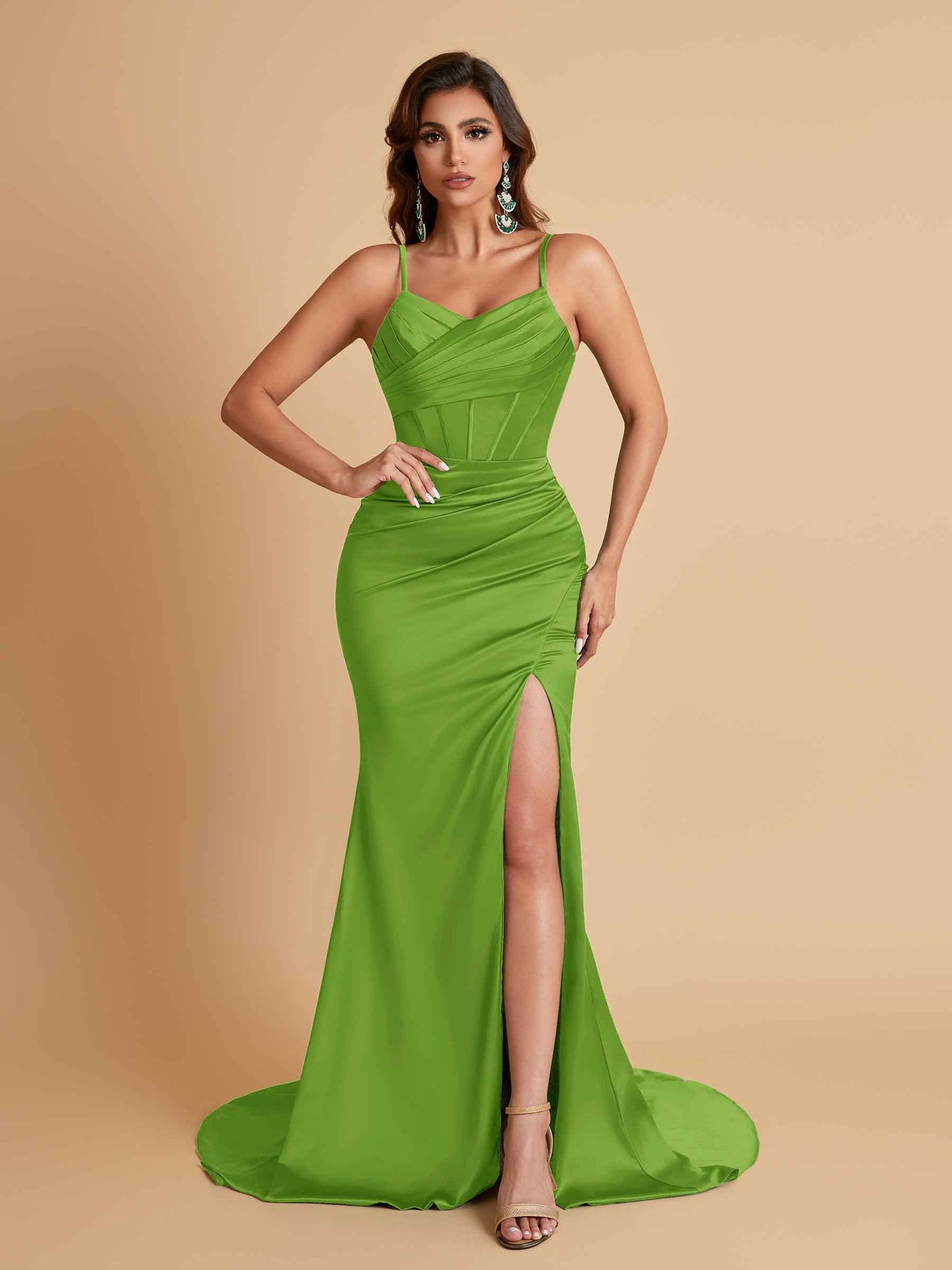 Sexy Spaghetti Straps V Neck Soft Satin Side Slit Floor-Length Mermaid Bridesmaid Dresses